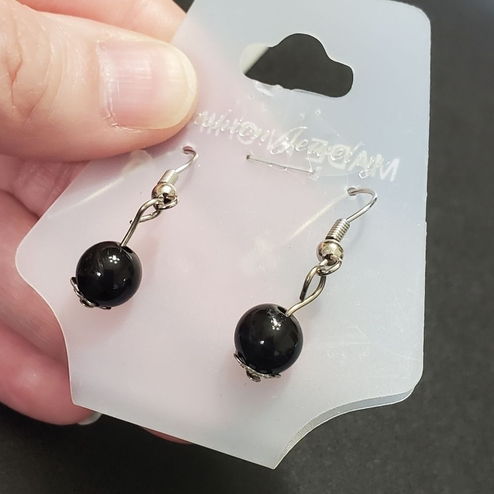 Silver tone black bead earrings